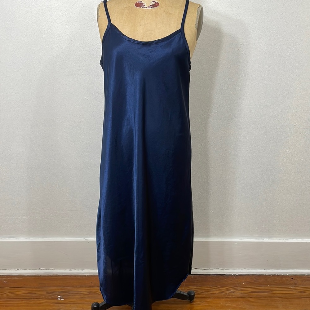 Delicate Treasures Intimates, navy blue, long satin/slinky slip dress